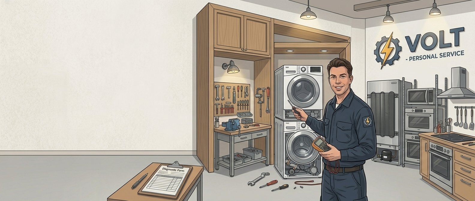 VOLT workshop illustration with a technician and laundry appliances